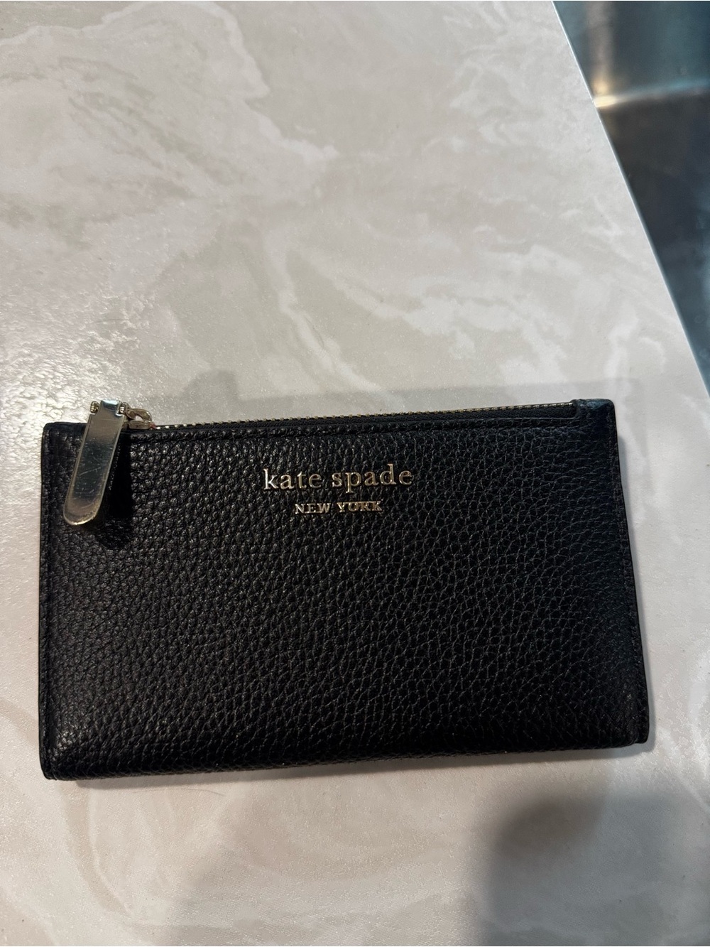 Kate Spade Black Pebbled Leather Zip Card Pouch with Gold Logo